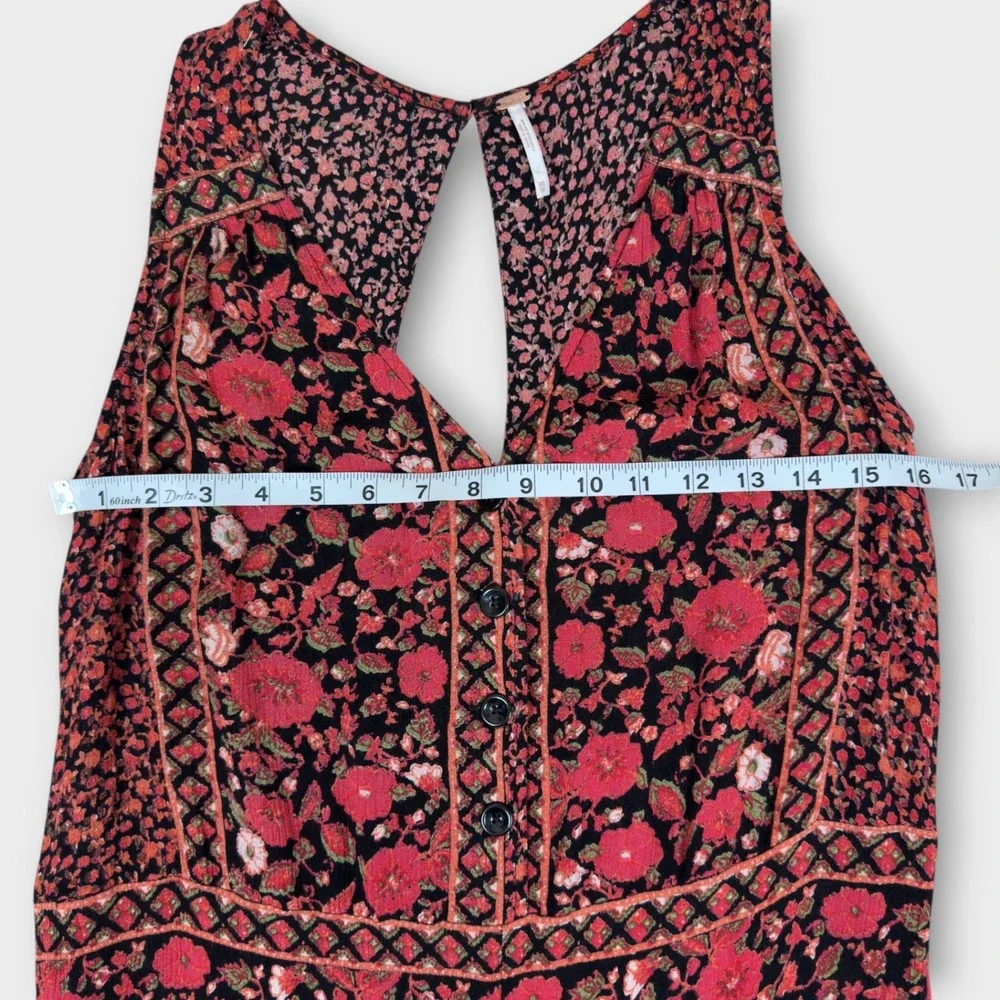 Free People Jumpsuit XS Red Black Floral‎ Wide Leg Cropped Keyhole Back Boho